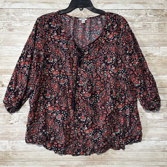 Sonoma Navy Blue Multicolor Floral Boho Peasant Blouse Sz XXL Tie Neck - Picture 1 of 13